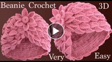 Gorro a Crochet con trenzas de hojas y flor 3D en punto tunecino tejido tallermanualperu